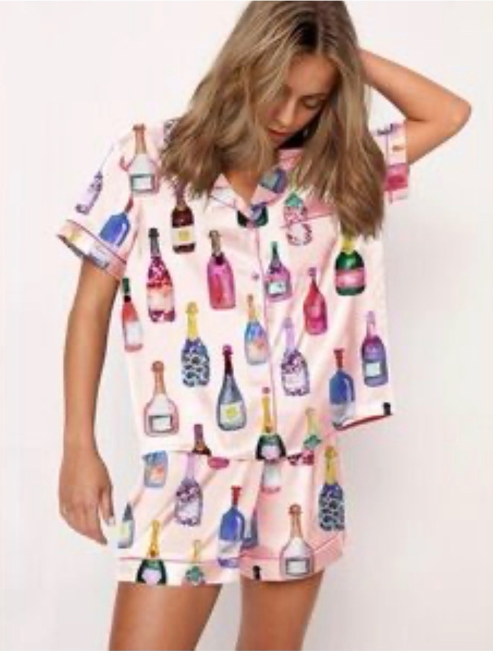 Champagne Bottle Print Pink Short Pajama Set